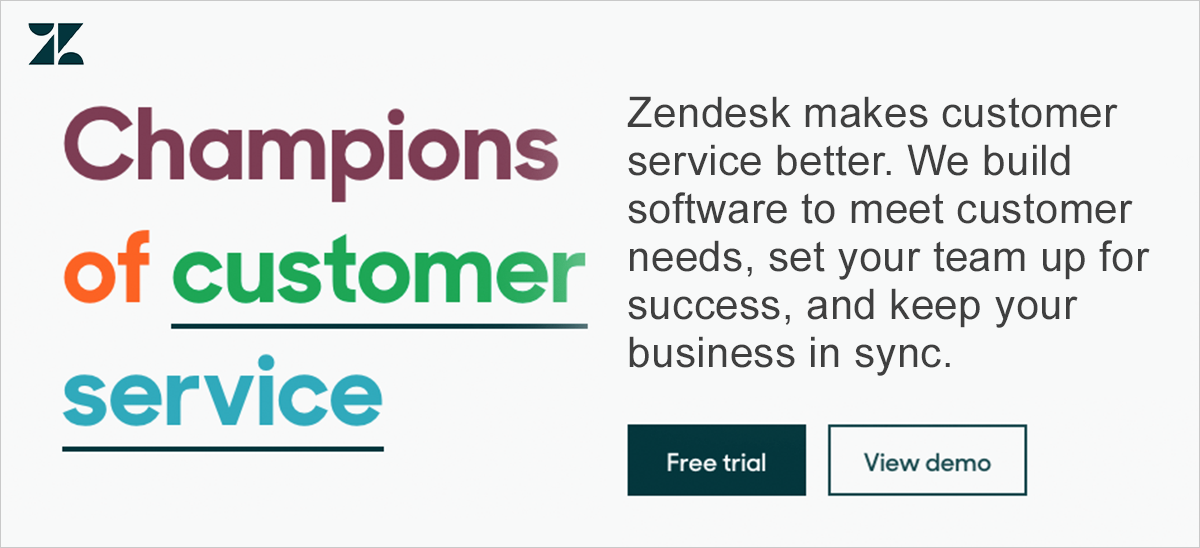 Logo and marketing tag line for Zendesk. "Champions of customer service."