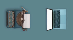 Typewriter and laptop together.